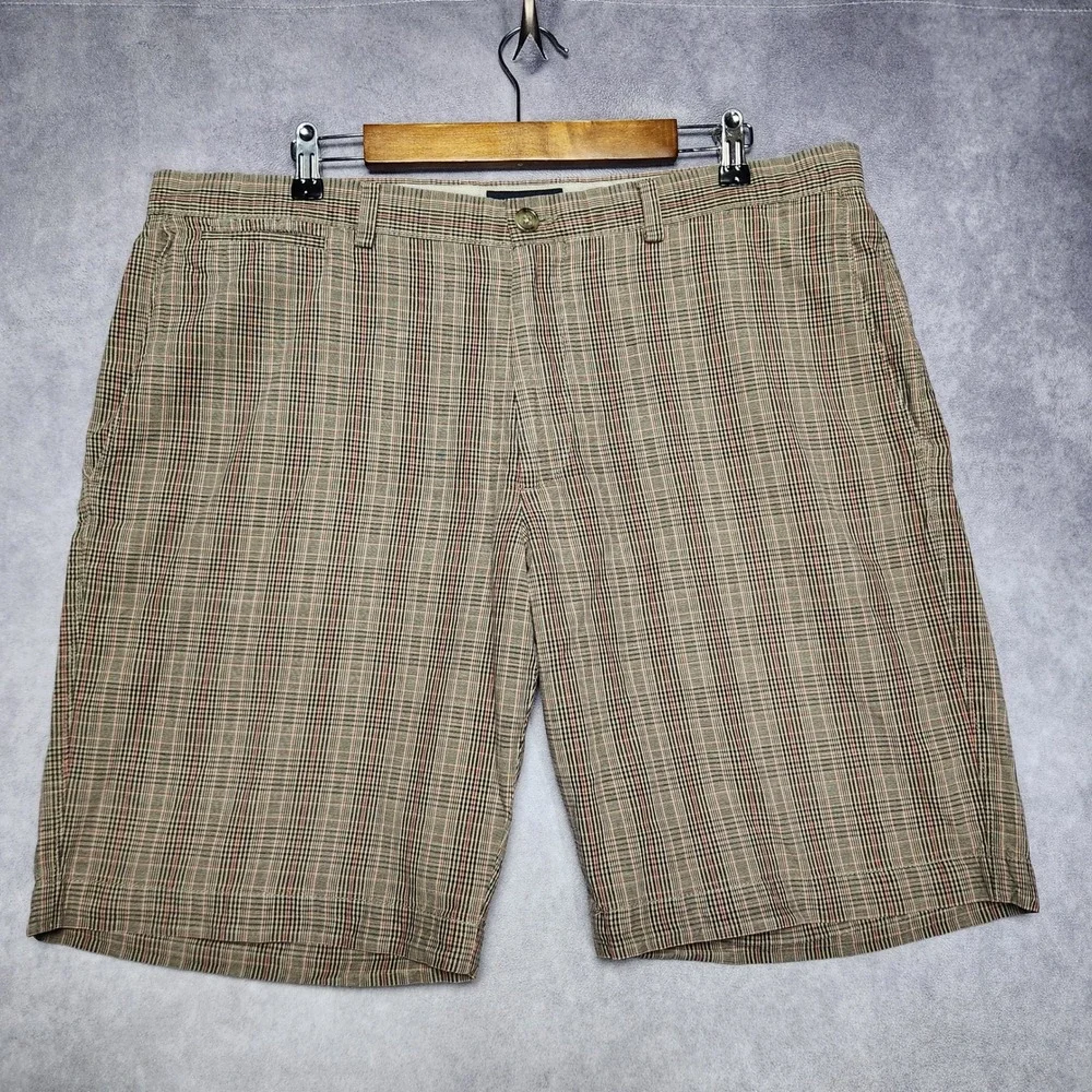 Banana Republic Mens 38 Brown Tan Plaid Cotton Linen Blend Flat Front Shorts